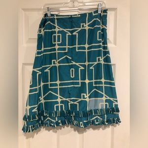 Orla Kiely 100% silk teal house print skirt
